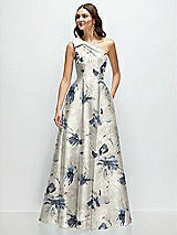 Front View Thumbnail - Inkwash Blue Floral Bow One-Shoulder Full A-Line Floral Satin Maxi Dress