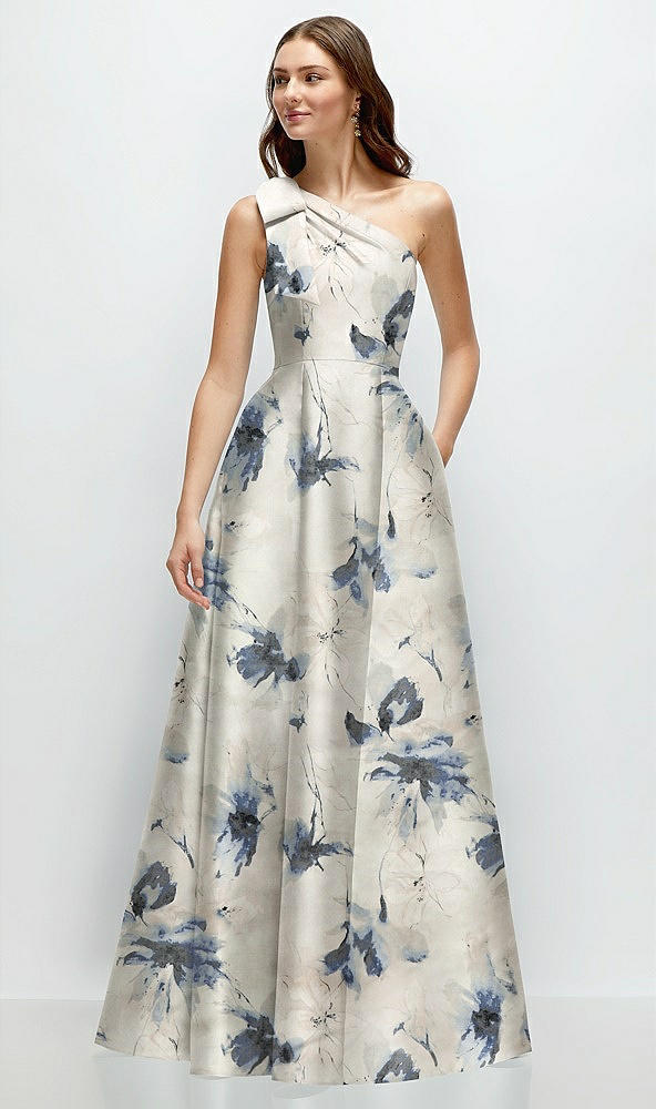 Front View - Inkwash Blue Floral Bow One-Shoulder Full A-Line Floral Satin Maxi Dress