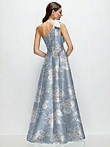 Rear View Thumbnail - Porcelain Blue Seraphina Floral Bow One-Shoulder Full A-Line Floral Satin Maxi Dress