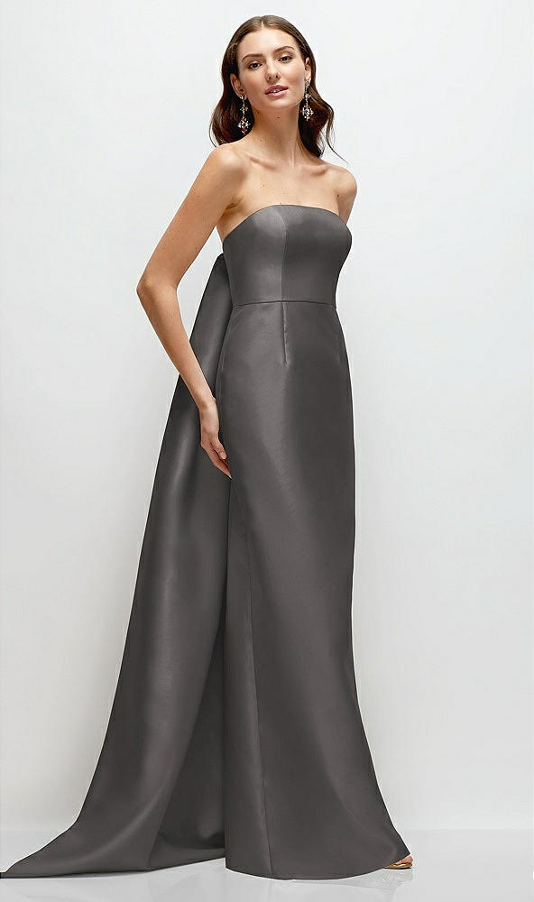 Front View - Caviar Gray Strapless Satin Column Dress with Removeable Watteau Train