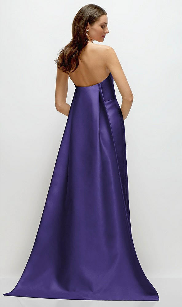 Back View - Grape Strapless Satin Column Dress with Removeable Watteau Train