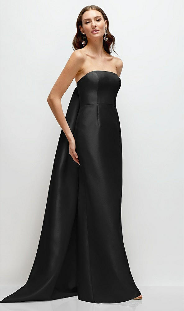 Front View - Black Strapless Satin Column Dress with Removeable Watteau Train