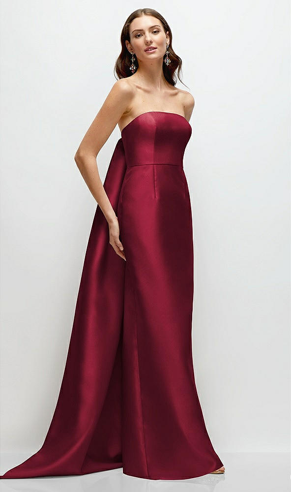 Front View - Burgundy Strapless Satin Column Dress with Removeable Watteau Train