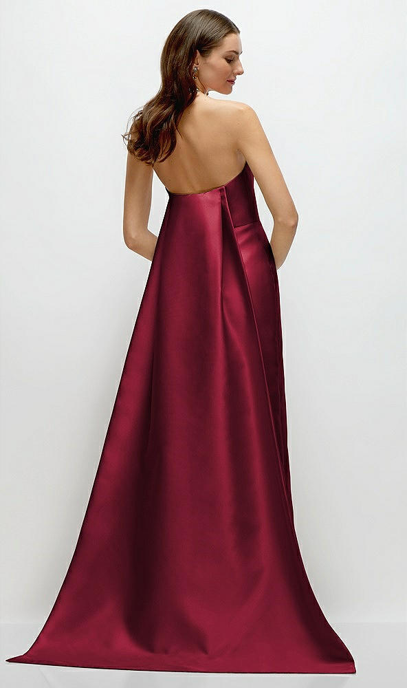 Back View - Burgundy Strapless Satin Column Dress with Removeable Watteau Train