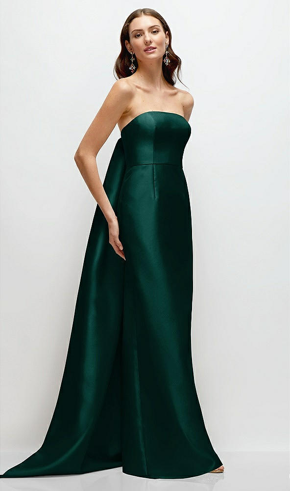 Front View - Evergreen Strapless Satin Column Dress with Removeable Watteau Train