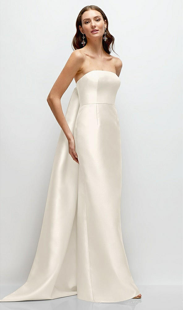 Front View - Ivory Strapless Satin Column Dress with Removeable Watteau Train