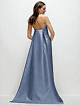 Rear View Thumbnail - Larkspur Blue Strapless Satin Column Dress with Removeable Watteau Train