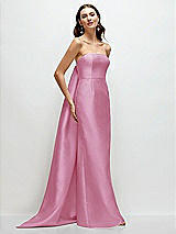 Front View Thumbnail - Powder Pink Strapless Satin Column Dress with Removeable Watteau Train