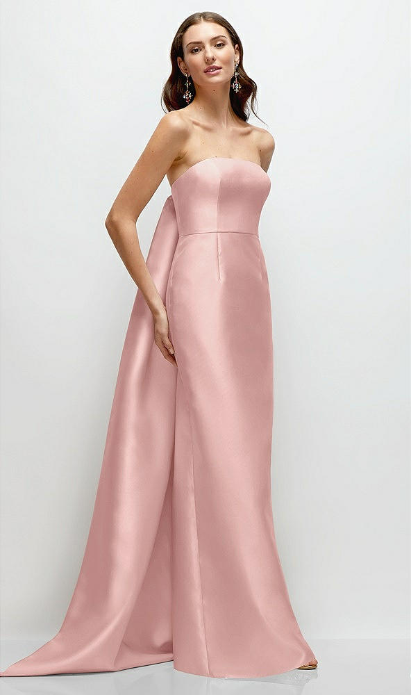 Front View - Rose - PANTONE Rose Quartz Strapless Satin Column Dress with Removeable Watteau Train