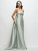 Front View Thumbnail - Willow Green Strapless Satin Column Dress with Removeable Watteau Train