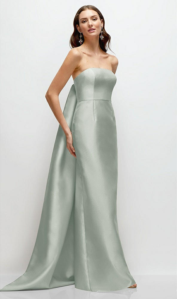 Front View - Willow Green Strapless Satin Column Dress with Removeable Watteau Train