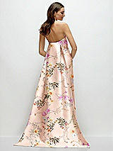 Rear View Thumbnail - Butterfly Botanica Pink Sand Strapless Floral Satin Column Dress with Removeable Watteau Train