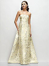 Front View Thumbnail - Butter Yellow Floral Strapless Floral Satin Column Dress with Removeable Watteau Train