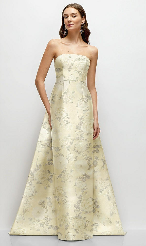 Front View - Butter Yellow Floral Strapless Floral Satin Column Dress with Removeable Watteau Train