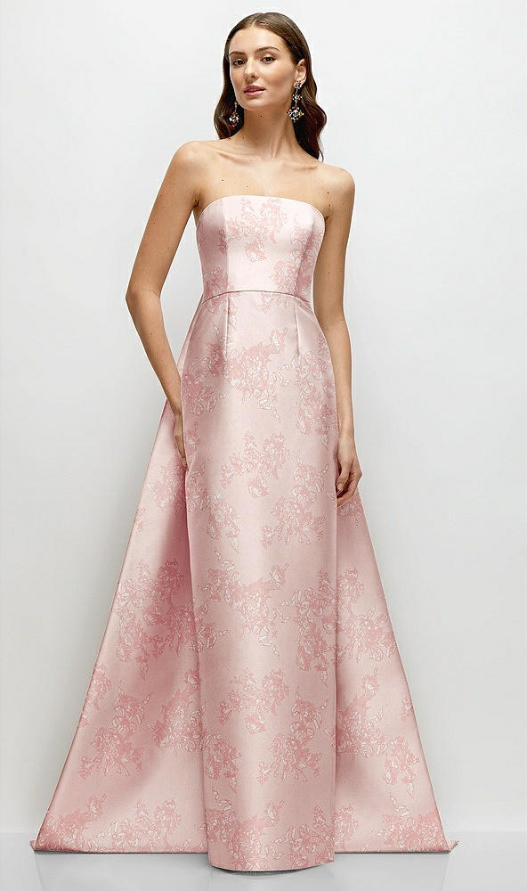 Front View - Bow And Blossom Print Strapless Floral Satin Column Dress with Removeable Watteau Train