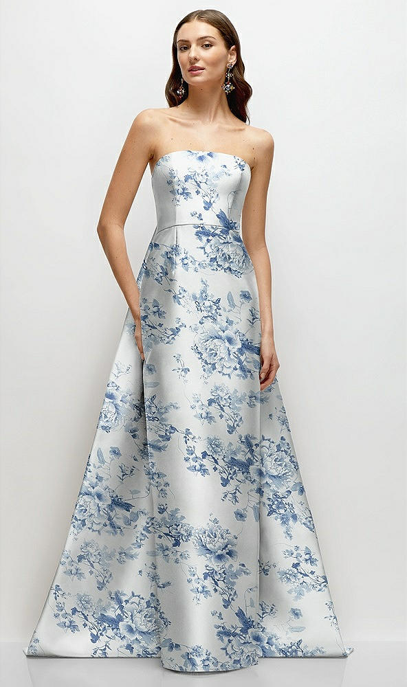 Front View - Cottage Rose Larkspur Strapless Floral Satin Column Dress with Removeable Watteau Train