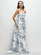 Side View Thumbnail - Cottage Rose Larkspur Strapless Floral Satin Column Dress with Removeable Watteau Train