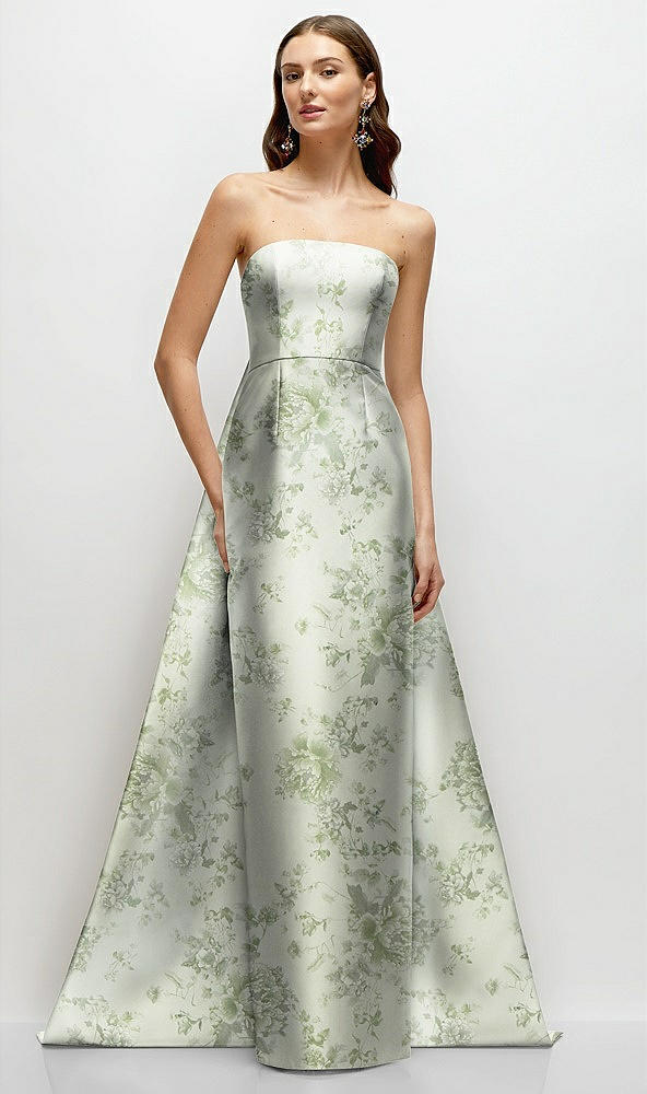 Front View - Sage Cottage Rose Strapless Floral Satin Column Dress with Removeable Watteau Train