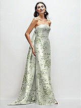 Side View Thumbnail - Sage Cottage Rose Strapless Floral Satin Column Dress with Removeable Watteau Train