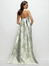 Rear View Thumbnail - Sage Cottage Rose Strapless Floral Satin Column Dress with Removeable Watteau Train