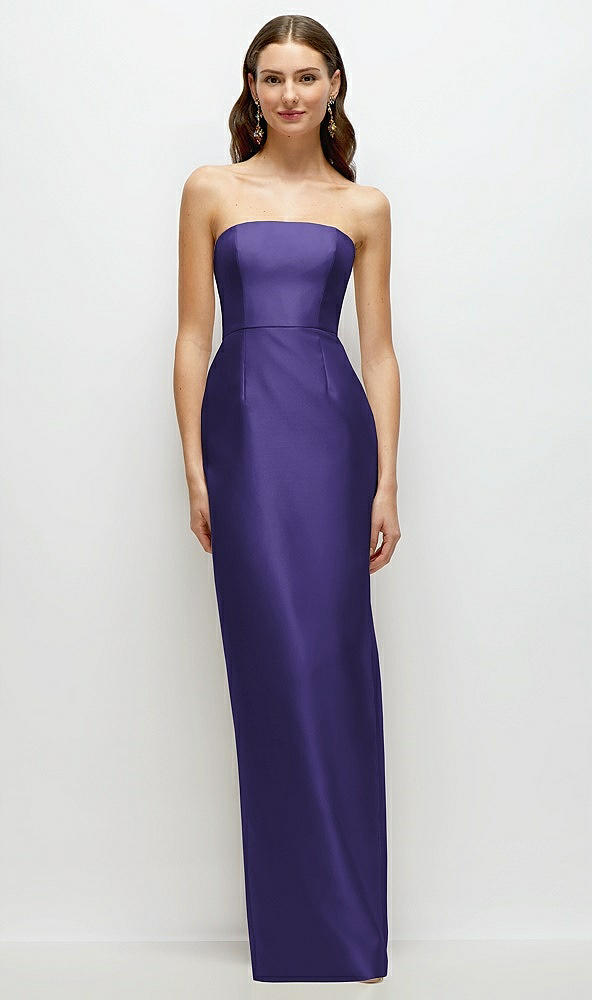 Front View - Grape Strapless Satin Column Dress with Back Slit