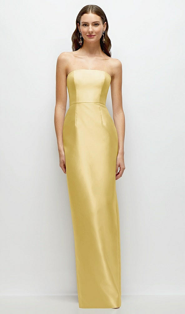 Front View - Maize Strapless Satin Column Dress with Back Slit