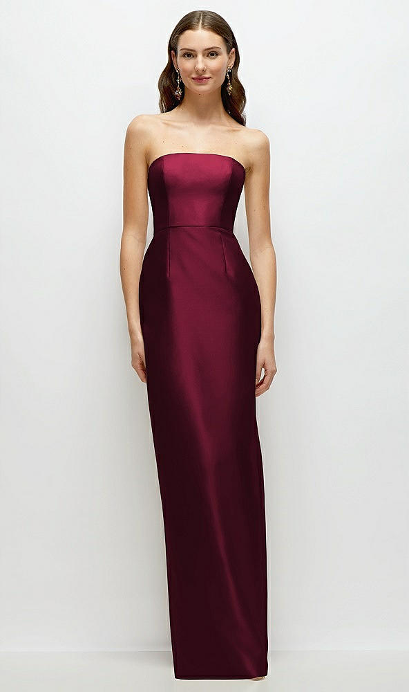 Front View - Cabernet Strapless Satin Column Dress with Back Slit