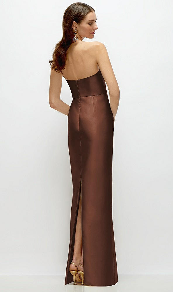 Back View - Cognac Strapless Satin Column Dress with Back Slit