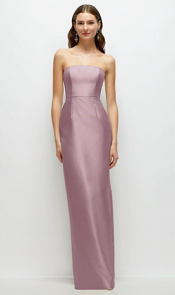 Front View - Dusty Rose Strapless Satin Column Dress with Back Slit