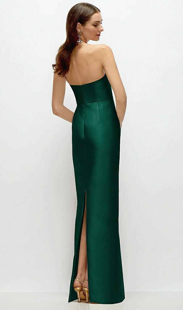 Back View - Hunter Green Strapless Satin Column Dress with Back Slit