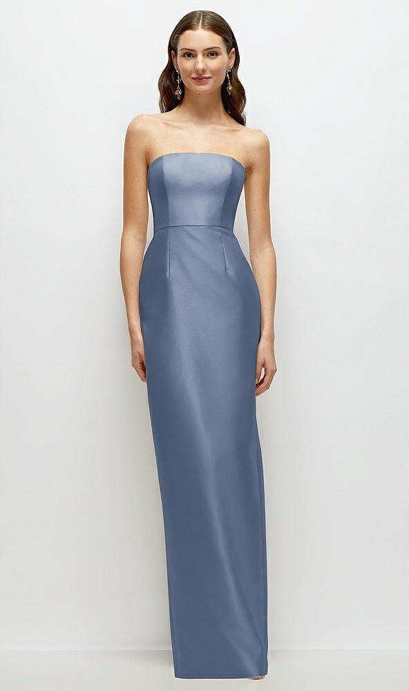 Front View - Larkspur Blue Strapless Satin Column Dress with Back Slit