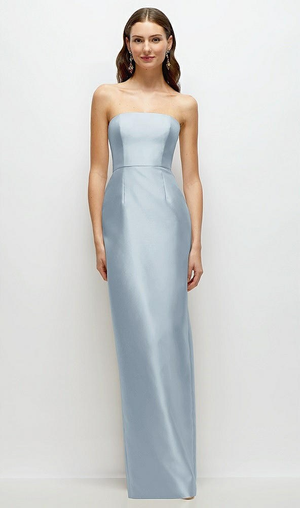 Front View - Mist Strapless Satin Column Dress with Back Slit