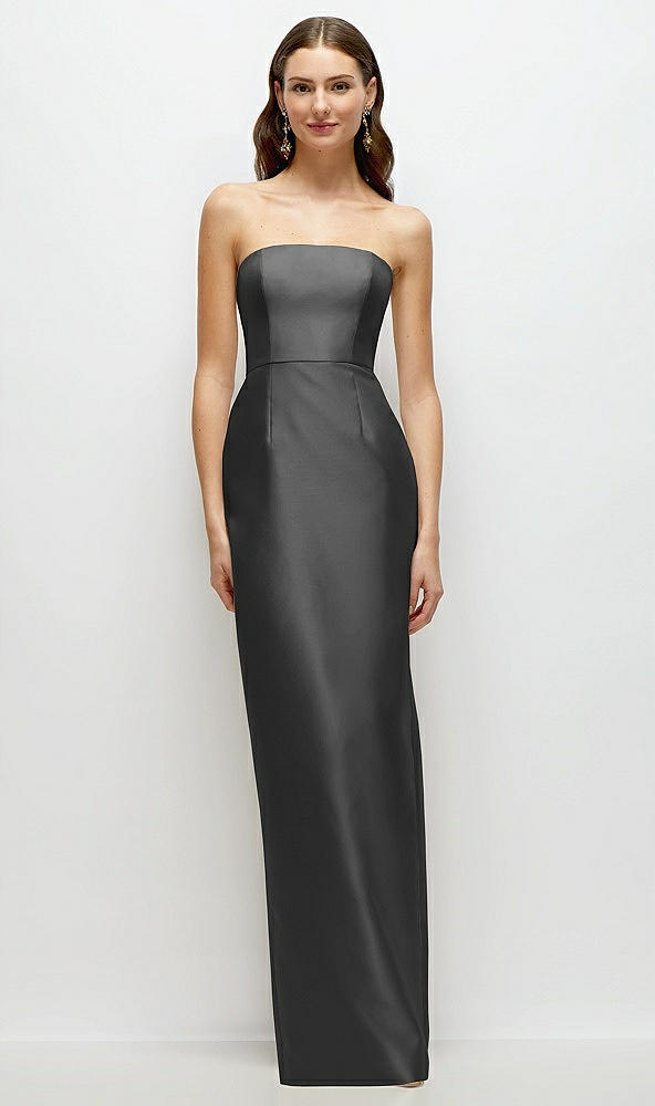 Front View - Pewter Strapless Satin Column Dress with Back Slit