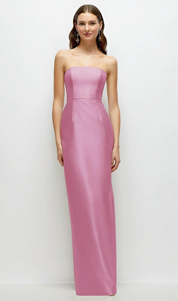 Front View - Powder Pink Strapless Satin Column Dress with Back Slit