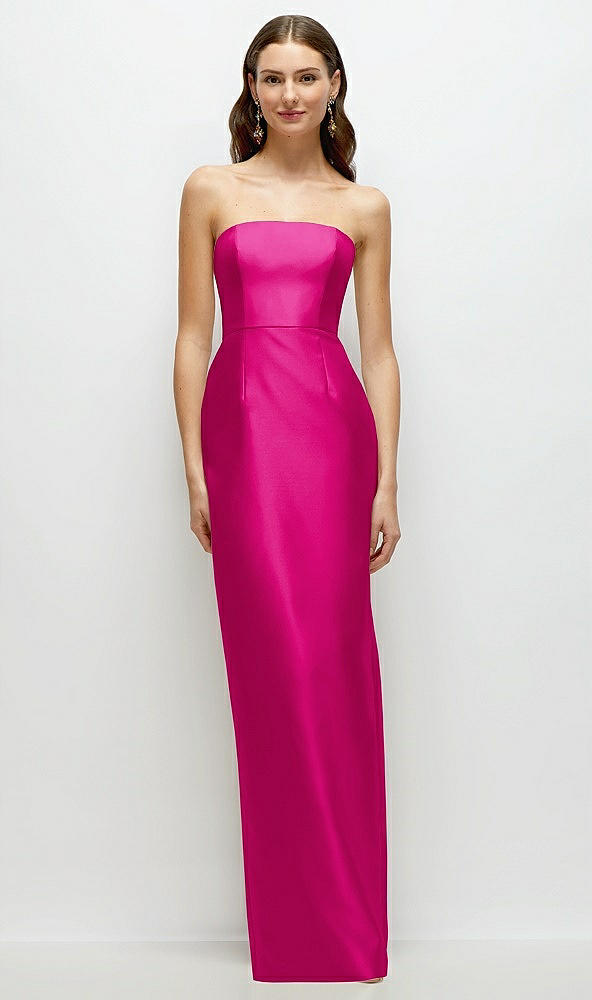 Front View - Think Pink Strapless Satin Column Dress with Back Slit