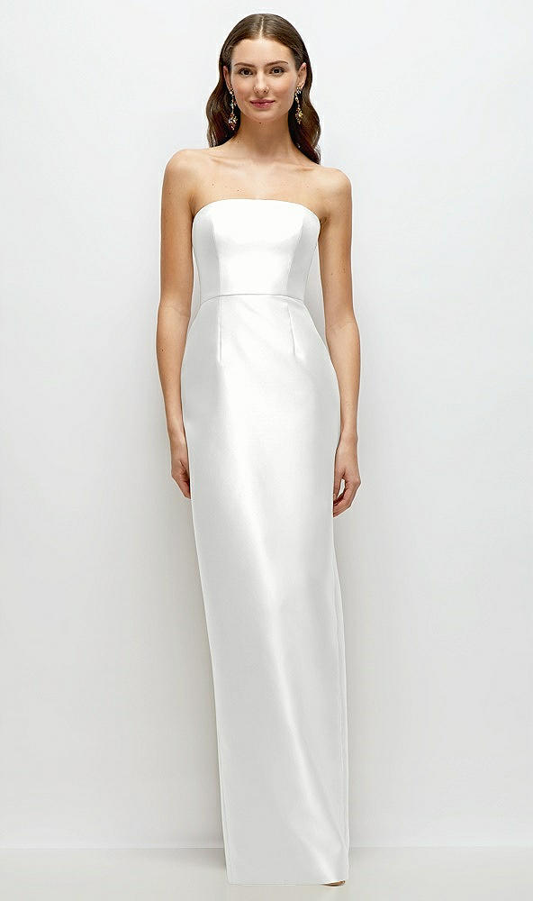 Front View - White Strapless Satin Column Dress with Back Slit