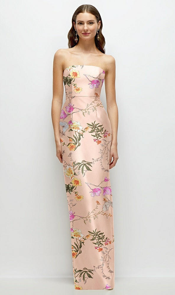 Front View - Butterfly Botanica Pink Sand Strapless Floral Satin Column Dress with Back Slit