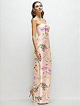 Side View Thumbnail - Butterfly Botanica Pink Sand Strapless Floral Satin Column Dress with Back Slit