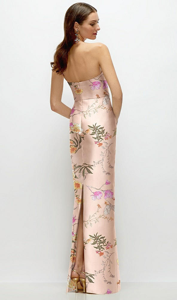 Back View - Butterfly Botanica Pink Sand Strapless Floral Satin Column Dress with Back Slit