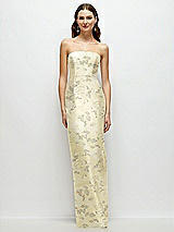 Front View Thumbnail - Butter Yellow Floral Strapless Floral Satin Column Dress with Back Slit