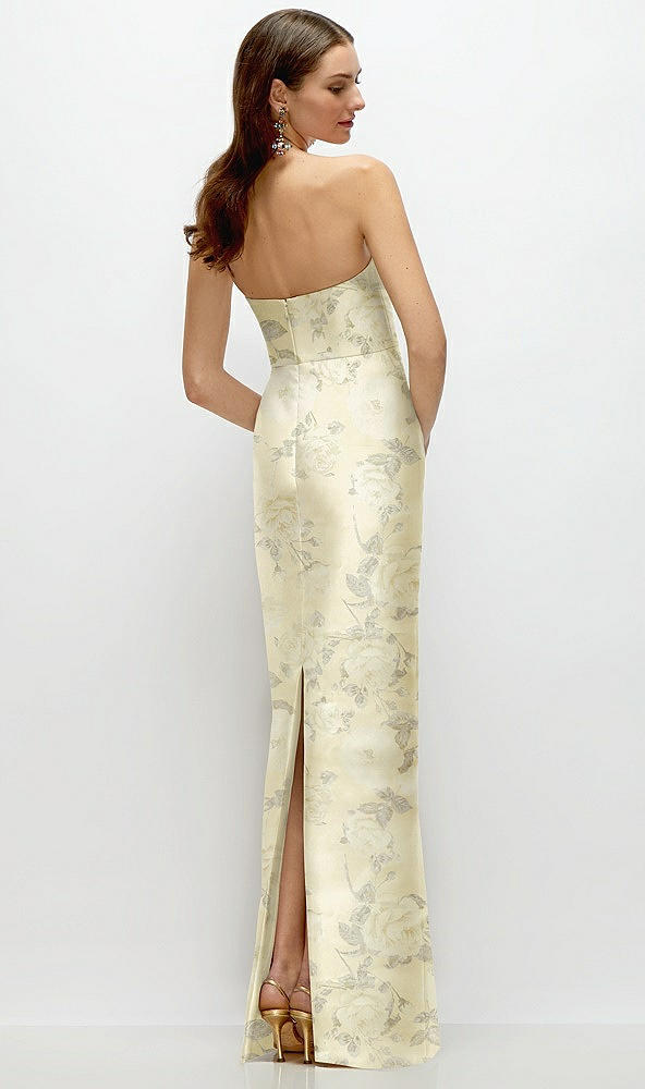 Back View - Butter Yellow Floral Strapless Floral Satin Column Dress with Back Slit