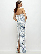 Rear View Thumbnail - Cottage Rose Larkspur Strapless Floral Satin Column Dress with Back Slit