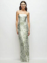 Front View Thumbnail - Sage Cottage Rose Strapless Floral Satin Column Dress with Back Slit