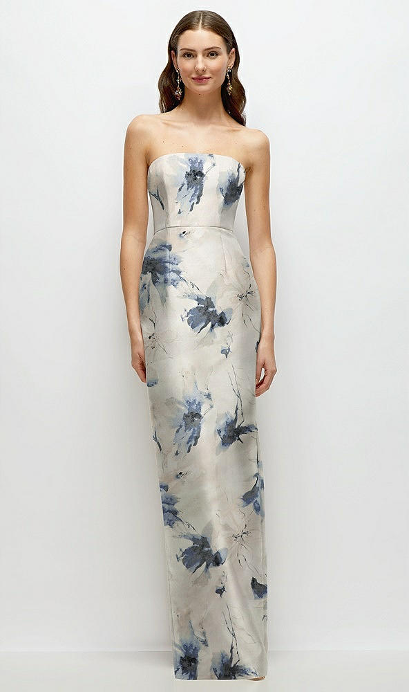 Front View - Inkwash Blue Floral Strapless Floral Satin Column Dress with Back Slit
