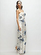 Side View Thumbnail - Inkwash Blue Floral Strapless Floral Satin Column Dress with Back Slit