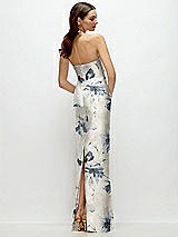 Rear View Thumbnail - Inkwash Blue Floral Strapless Floral Satin Column Dress with Back Slit