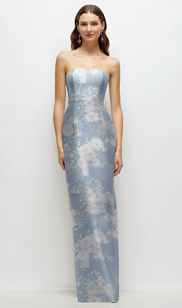 Front View - Porcelain Blue Seraphina Floral Strapless Floral Satin Column Dress with Back Slit