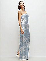 Side View Thumbnail - Porcelain Blue Seraphina Floral Strapless Floral Satin Column Dress with Back Slit