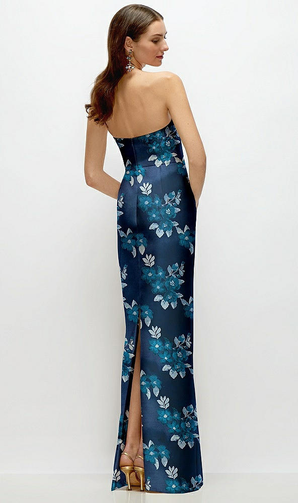 Back View - Midnight Navy Damask Midnight Navy Strapless Baroque Rose Damask Column Dress with Back Slit