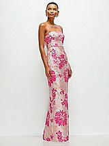 Side View Thumbnail - Hibiscus Pink Multi Hibiscus Pink Strapless Floral Jacquard Column Dress with Back Slit